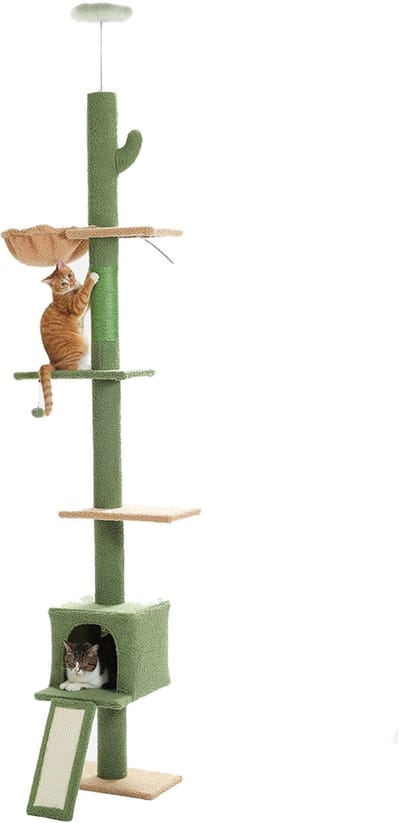 Kattenu TreeTower - Hoge Krabpaal Plafond - Verstelbaar 210-274 cm - Klimmuur kat - Krabpaal voor katten - Groen