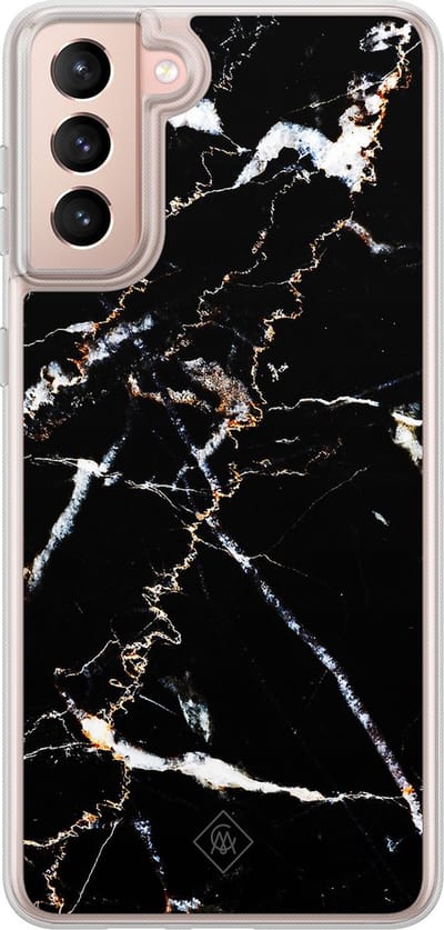 Casimoda® hoesje - Geschikt voor Samsung Galaxy S21 Plus - Marmer Zwart - 2-in-1 case - Schokbestendig - Marble design - Verhoogde randen - Zwart, Transparant