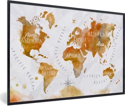 Poster in lijst - Fotolijst 90x60 cm - Posters - Wereldkaart - Bruin - Verf - Posterlijst zwart - Decoratie - Wanddecoratie woonkamer - Muurdecoratie slaapkamer