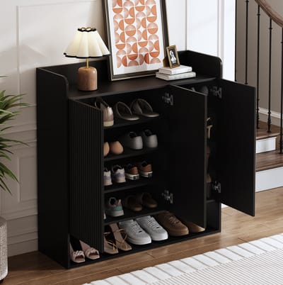 DESMIU Schoenenkast - Met Verticale Structuur En Passpiegel - Opbergkast Voor Hal En Woonkamer - MDF En Spaanplaat - 110x35,5x110 Cm - Zwart