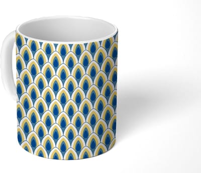 Mok - Koffiemok - Design - Patroon - Retro - Geel - Blauw - Mokken - 350 ML - Beker - Koffiemokken - Theemok