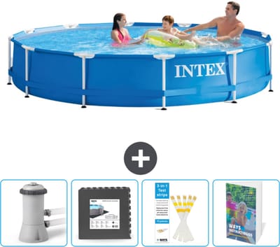 Intex Rond Frame Zwembad - 366 x 76 cm - Blauw - Inclusief Zwembadfilterpomp - Vloertegels - Testrips - Zwembadgids