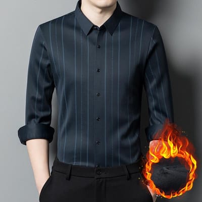 Heren Fleece Shirt Naadloos Lange Mouw Middelbare Leeftijd Mode Casual Gestreept Stretch Shirt Verdikt Warm Inch Shirt 4XL
