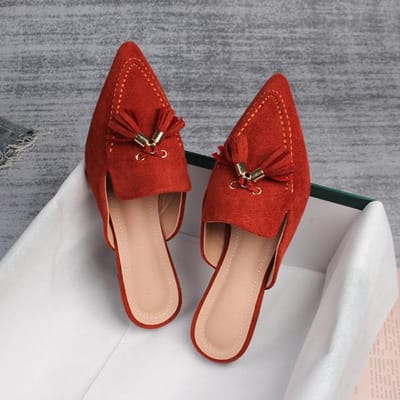 Lente Nieuwe Dames Muiltjes Puntige Slippers Buiten Muller Mode Franje Ontwerp Kantoor Casual Schoenen Groot 42 bordeaux