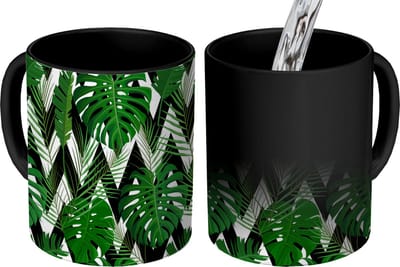 Magische Mok - Foto op Warmte Mokken - Koffiemok - Monstera - Zwart Wit - Patronen - Magic Mok - Beker - 350 ML - Theemok