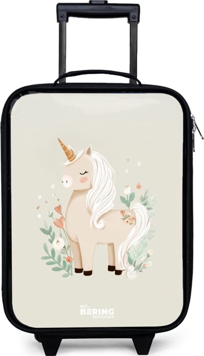 NoBoringSuitcases.com® - Kinderkoffer jongen - Kindertrolley meisje - Eenhoorn tussen bloemen in beige kleuren - Koffer kind lichtgewicht - Reiskoffer trolley voor kinderen - Koffertje met lichtgevende wieltjes - Rolkoffer zwart