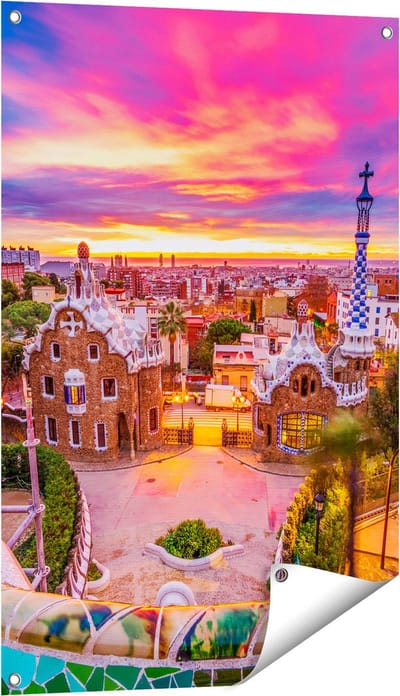 Gards Tuinposter Park G�ell Uitzicht op Barcelona - 60x90 cm - Tuindoek - Tuindecoratie - Wanddecoratie buiten - Tuinschilderij