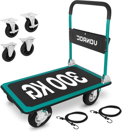 Plateauwagen Inklapbaar - Transportkar Zwart - Zware Ladingen Verplaatsen - Luchtbanden Voor Schokdemping - 90x60 cm Laadplatform - Zwart