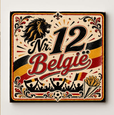 België Nr. 12 Fan Decoratieve Keramische Tegel – Belgische Voetbal Supporter Wandtegel – Rood Zwart Geel Cadeau