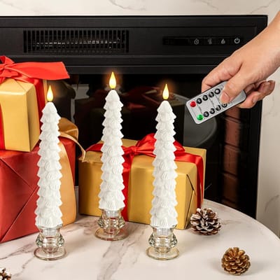 3 stuks kerstboomkaarsen met afstandsbediening, wasachtige vlamloze, taps toelopende kaarsen, flikkerend, witte LED-kandelaars op batterijen voor nieuwjaarsviering, vakantiedecoraties, 9,7 inch