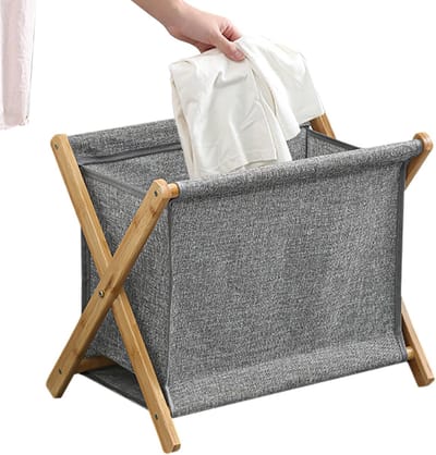 Houten Wasmand - Opvouwbare Wasbak - Huishoudelijke Organisatie - X-Frame Ontwerp - 40 x 30 x 38 cm - Grijs