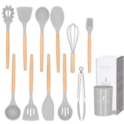 Springos Kookgerei Set | 12 Delig | Keukengerei Siliconen Set | Bamboe/Siliconen | Grijs