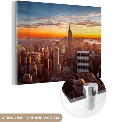 MuchoWow® Glasschilderij 120x90 cm - Schilderij acrylglas - Skyline - New York - Zon - Foto op glas - Schilderijen