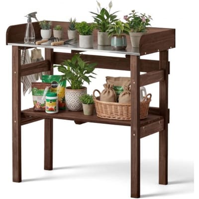 VEVOR Plantentafel, Tuintafel, Werktafel met Groot Houten Blad, Planken & Haken, Bloementafel, Buitentafel voor het oppotten van planten, ideaal voor Terras, Tuin & Balkon, Bruin, 780x380x820 mm