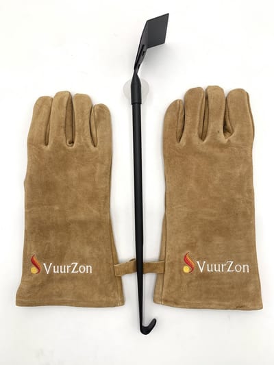 Hittebestendige handschoenen + Goldmann asschuiver – luxe haardset voor houtkachel & BBQ – suède leren handschoenen