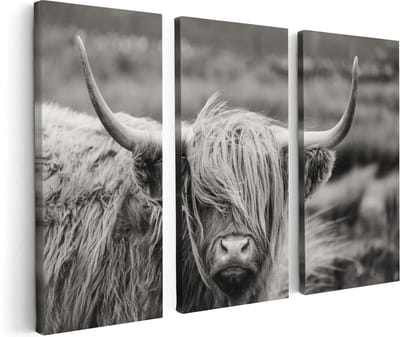 Artaza Canvas Schilderij Drieluik Schotse Hooglander Koe - Zwart Wit - 120x80 cm - Wanddecoratie Woonkamer - Schilderijen - Muurdecoratie