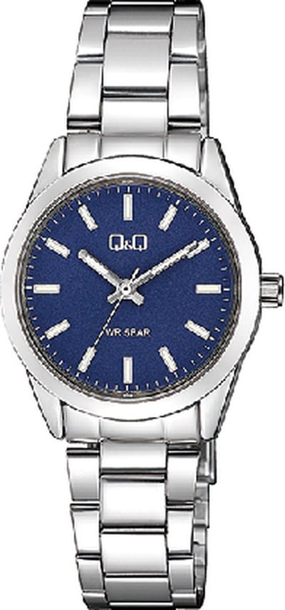 Q&Q Q82A-002PY - Horloge - Analoog - Dames - Vrouwen - stalen band - Rond - Metaal - Streepjes - Zilverkleurig - DonkerBlauw - 5 ATM