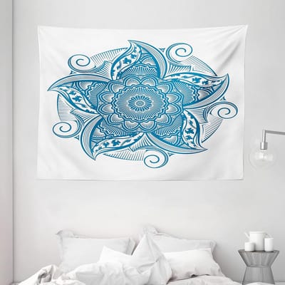 ABAKUHAUS Blauw Mandala Tapijt, Wilde Hoeken Bloemblaadjes, Woonkamer Slaapkamer Wanddoek Zijdezacht Satijn Tapijt, 200 x 150 cm, Zeeblauw Wit