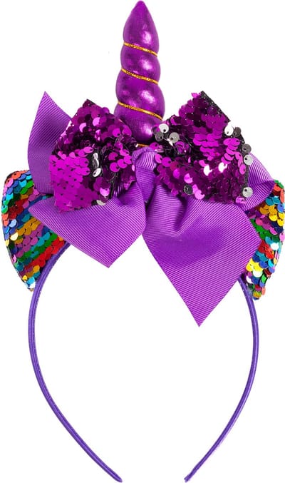 KIMU® Eenhoorn Strik Haarband Paars Pailletten - Unicorn Diadeem Met Oortjes En Strikje - Paarse Hoorn Regenboog Lint Glitter Glans Festival