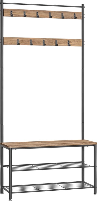 ACAZA Kapstok - Kapstok Staand - Staande Kapstok - Kapstok met Schoenenrek - 85 x 32 x 175 cm - Garderoberek - 11 Haken - Ashwood bruin - Schoenenrek