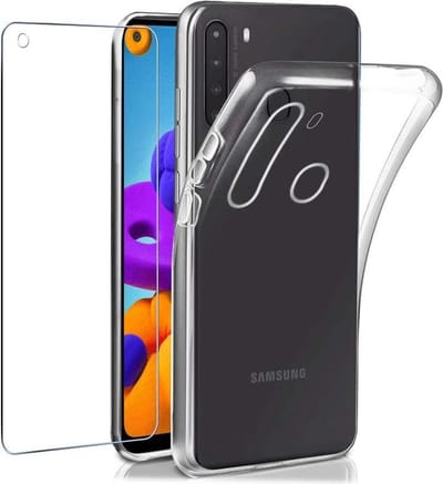 Soft Back Cover Hoesje Geschikt voor: Samsung Galaxy A21 - Soft TPU Siliconen Case & 2X Tempered Glas Combi - Transparant