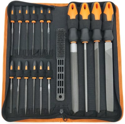 Vijlenset 17-delig - 4x 200mm handvijlen & 12x 140mm sleutelvijlen - Softgrip handvatten - Complete vijlenset in afsluitbare etui - Metaal- en houtvijlen - Germat vijlen set