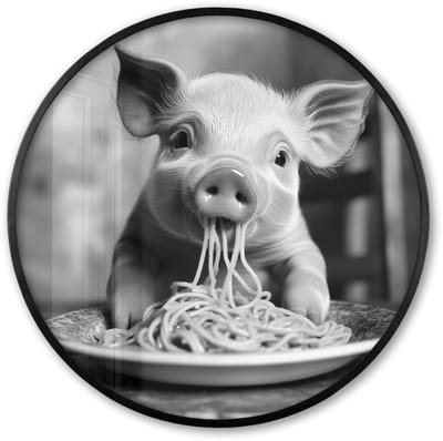 Poster in lijst Rond - Fotolijst 60x60 cm - Posters - Varken - Schattig - Spaghetti - Zwart wit - Dier - Ronde posterlijst zwart - Decoratie - Wanddecoratie woonkamer - Muurdecoratie slaapkamer