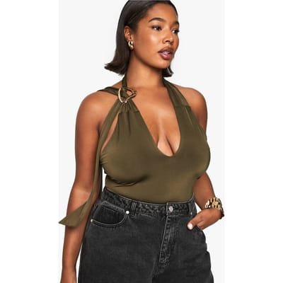 boohoo Dames Plus Halter Top met Sleutelgat en Geraffelde Zijkant Top | Olijf | Maat: 54