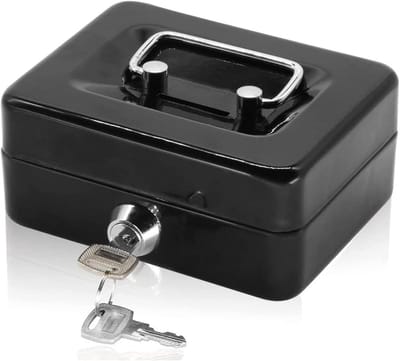 Kleine Metalen Geldcassette met Sleutelslot - Draagbare Kassa met Dubbele Laag en Muntenbakje (Zwart)