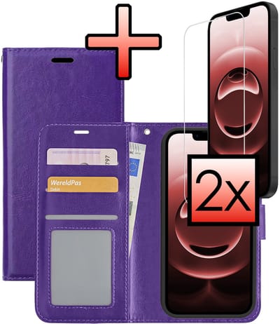 Hoesje - Met 2x Screenprotector - Geschikt voor Apple iPhone 16e / 17e - Luxe Pasjeshouder - Bookcase Portemonee - Flip Case - Kunstleer Book Case - Flipcase Hoes - Book Cover - Walletcase - Portemonneehoes - Paars
