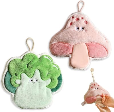 Set van 2 Schattige Groente Cartoon Keukenhanddoeken van Koraal Fleece, Zachte en Absorberende Theedoeken voor Keuken en Droogdoeken, Ideaal voor Huishoudelijk Gebruik