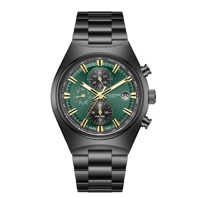 Lee Cooper LC08214.070 - Horloge - Polshorloge - Analoog - Heren - Mannen - Stalen band - Metaal - Rond - Strepen - Cijfers - Datumaanduiding - Dagaanduiding - Dual time - 12/24- Chronograaf - Zwart - Goudkleurig - Donkergroen - Wit
