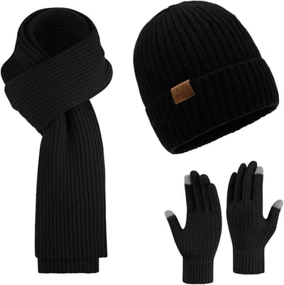 Winterset voor mannen en vrouwen: gebreide muts, sjaal en handschoenen, warm fleece gevoerd, touchscreen handschoenen, ideale winteraccessoires, cadeau set