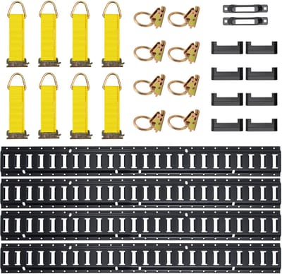 E-Track Bevestigingsrailset, 30 Stuks, 5ft Set, Inclusief 4 Stalen Rails, 2 enkele Sleuven, 8 O-Ringen, 8 Bevestigingspunten met D-Ring, 8 Eindkappen, Bevestigingsaccessoires voor Vracht, Motorfietsen en Fietsen
