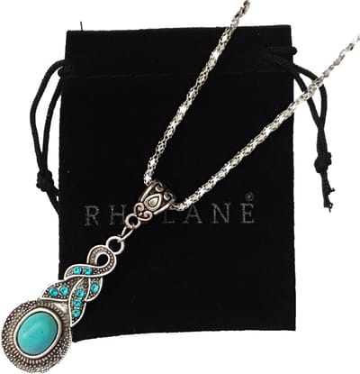 Ketting Zilverkleurig 45 + 1 cm Met Druppel Hanger Turquoise Blauw en Strass Stenen