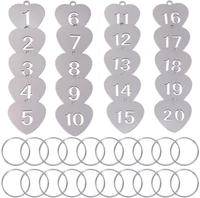 20 RVS Hartvormige Sleutellabels met 20 Sleutelringen - Gegraveerd 1 tem 20 Sleutelhangers Tags voor Volwassenen - Sleutelring - Sleutels Onderscheider - Labels met Ring - Keychain Sleutelhouder Sleutelrekje - Bagagelabel - Key Sleutelclip