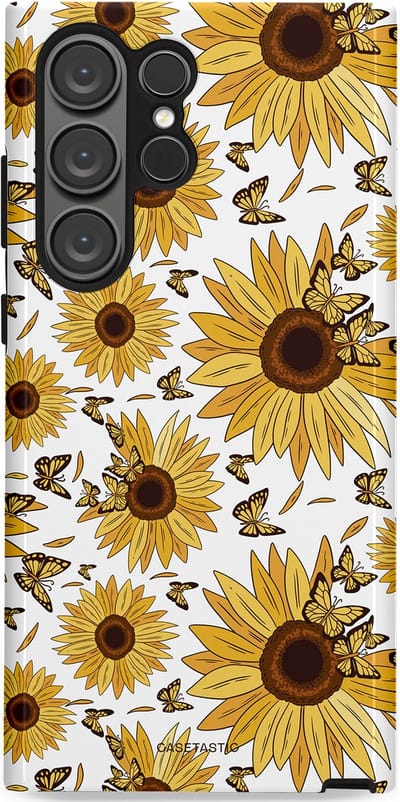 Casetastic Hoesje Geschikt voor Samsung S23 Ultra - Stijlvolle Beschermende Duo-layer Case - Zonnebloem Zomer met vlinders