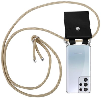 Cadorabo Hoesje geschikt voor Samsung Galaxy S21 ULTRA in GLANZEND BRUIN - Silicone Mobiele telefoon ketting beschermhoes met zilveren ringen, koordriem en afneembaar etui