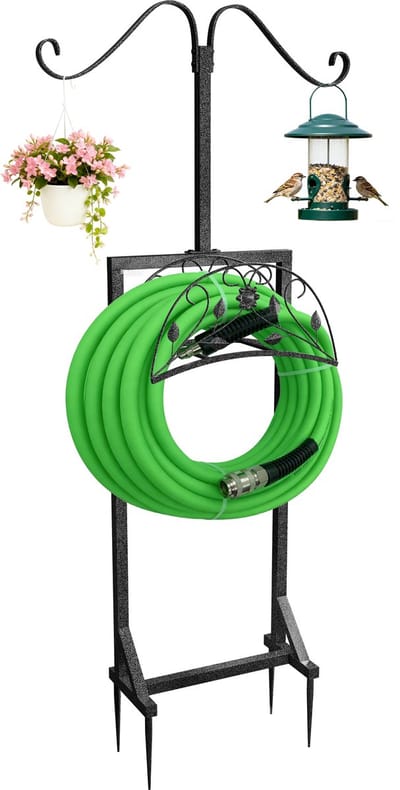 unho 2-in-1 Tuinslanghouder Vrijstaand - Zwaar Metaal - Met 2 Herdershaken voor Bloemen & Vogelvoeders - Roestvrij & Stabiel - Hoogte 154 cm - Tot 45m Slang
