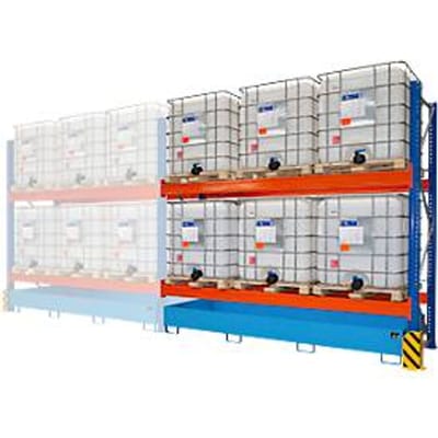 BAUER milieu-opzetrek UR-A 3300-2, palletrek, B 3400 x D 1300 x H 3000 mm, voor max. 6 IBC's, lekbak 1000 l, lichtblauw/verkeersblauw/puur oranje