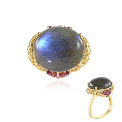 Cavill - 925 Sterling Zilver Ring - 16,2 ct Blauwe Labradoriet & 0,68 ct Marquise Rhodoliet - Verfijnde Vergulde Ovale Cabochon