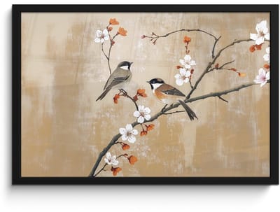 Poster in lijst - Fotolijst 60x40 cm - Posters - Vogels - Bloesemtak - Bloemen - Oranje - Posterlijst zwart - Decoratie - Wanddecoratie woonkamer - Muurdecoratie slaapkamer