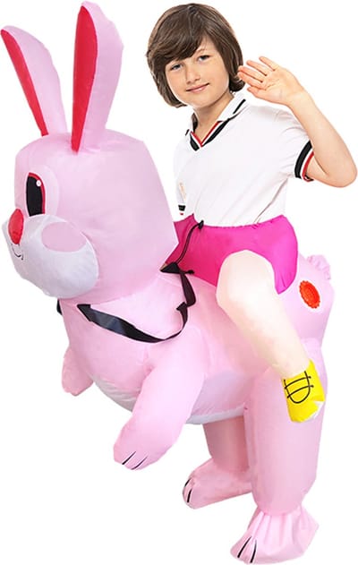 KIMU® Opblaas Kostuum Kinderen Zittend Op Konijn Roze - Maat 80 86 92 98 104 110 116 122 - Opblaasbaar Pak - Konijnenpak Mascotte - Paashaas Paashaaspak Festival