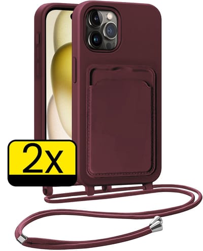 Hoesje Geschikt voor iPhone 14 Pro Telefoonhoesje Met Koord Case Pashouder Siliconen - Hoes Geschikt voor iPhone 14 Pro Hoesje Met Kaarthouder - Aubergine - 2 Stuks