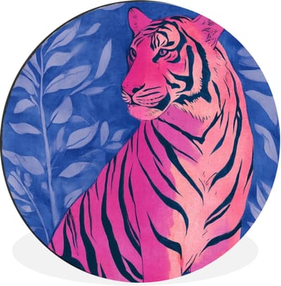 WallCircle - Wandcirkel - Muurcirkel - Tijger - Roze - Bladeren - Jungle - Aluminium - Dibond - 30x30 cm - Binnen en Buiten