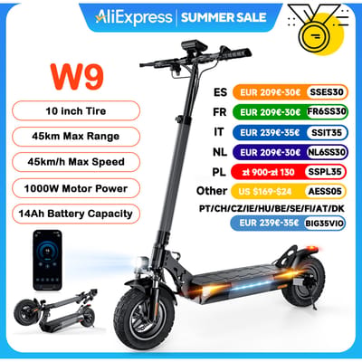 iScooter W9 elektrische scooter 10 inch 1000W 48V14Ah 35-45km bereik 45 km/u Max. snelheid Off-road banden Achteraandrijving Dubbele schijfremmen