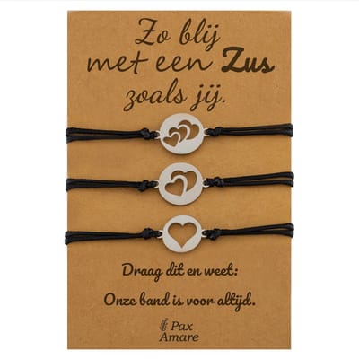 Vriendschapsarmbandjes voor 3 "Zo blij met een zus zoals jij" - Verschillende Hartjes - Sisters Armbandjes met Cadeau Kaartje - Zilverkleurig - Elastisch Verstelbaar - Pax Amare