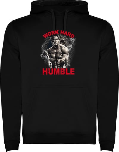 Zwarte unisex hoodie met “ Kleurrijke Work Hard be Humble – Bodybuilden – Vrouw - Sport – Zet Door – Niet opgeven “ Print Full Color Color merk Roly maat S