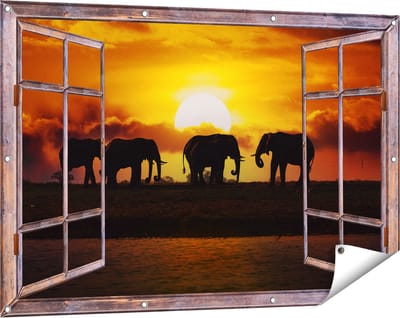 Gards Tuinposter Doorkijk Silhouet Olifanten tijdens Zonsondergang - 120x80 cm - Tuindoek - Tuindecoratie - Wanddecoratie buiten - Tuinschilderij