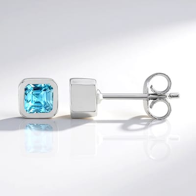 Cavill - 925 Sterling Zilver Oorbellen - Blauw Ratanakiri Zirkon 1 34 Ct - Asscher Geslepen - Elegante Bezel & Kliksluiting